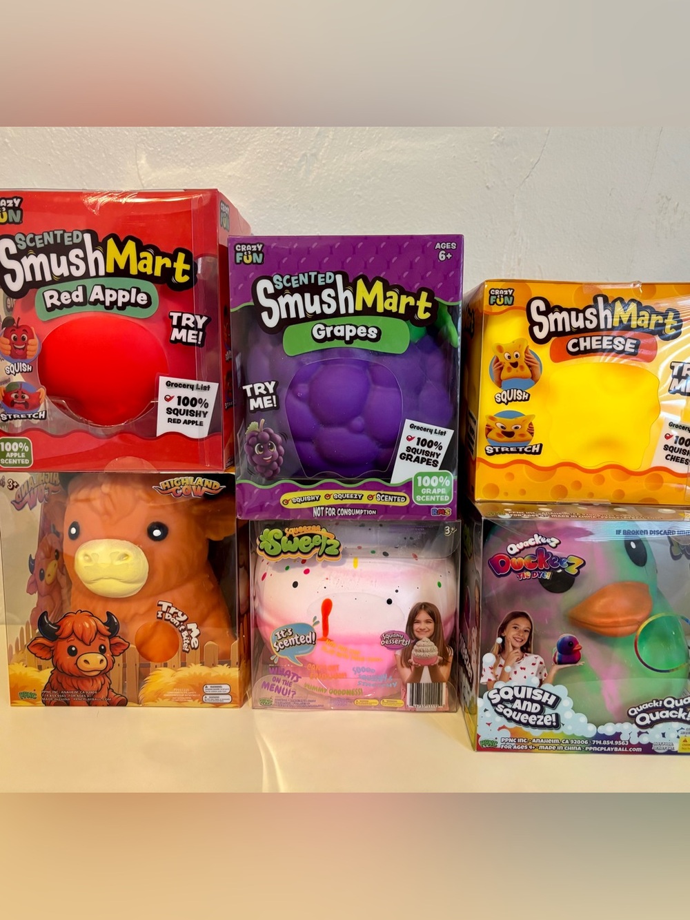 Five Below Squishy Bundle - Apple, Grapes, Cupcake, Highland Cow, Cheese & Duck